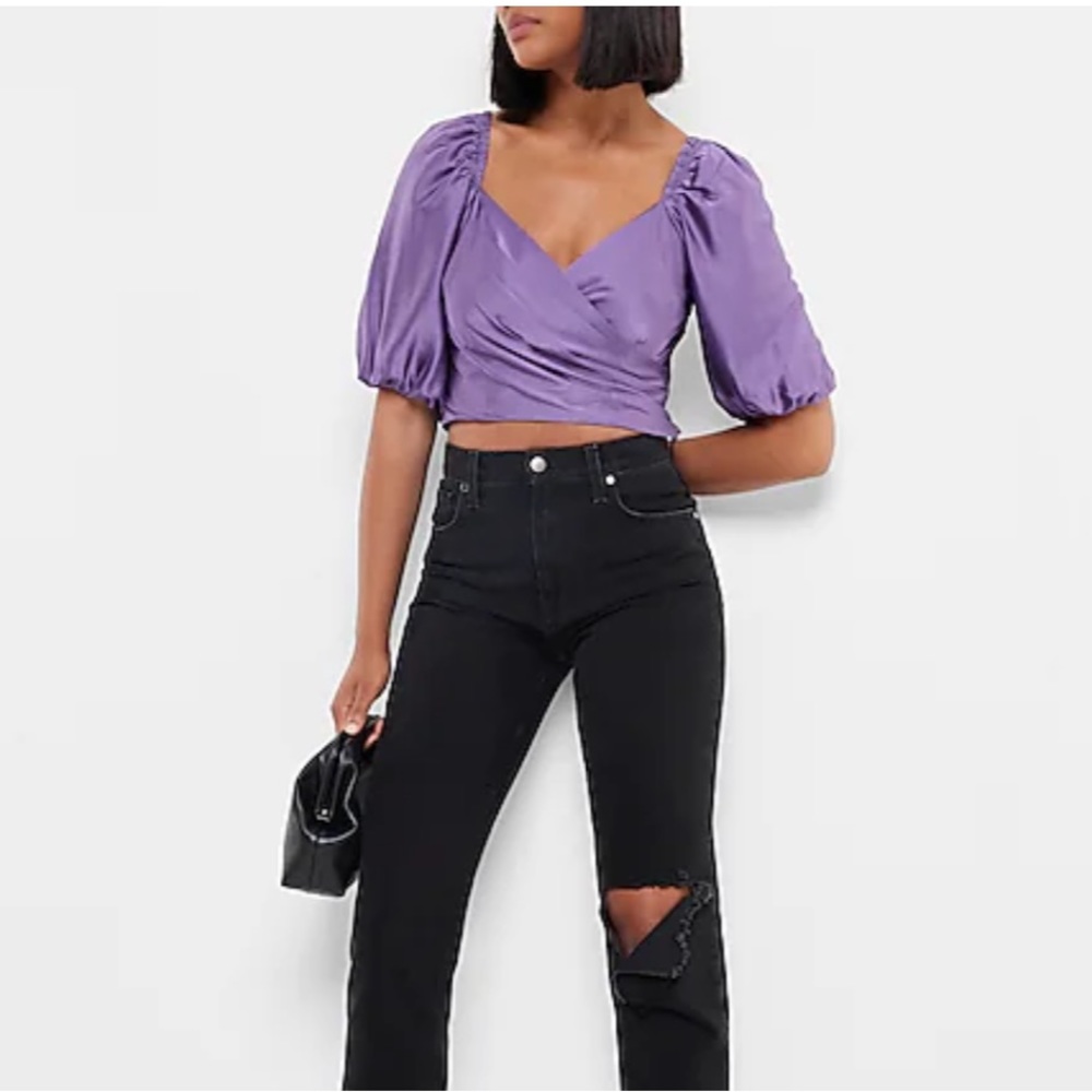 Satin Faux Wrap Tie Back Cropped Top